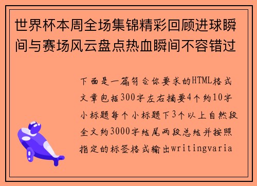 世界杯本周全场集锦精彩回顾进球瞬间与赛场风云盘点热血瞬间不容错过